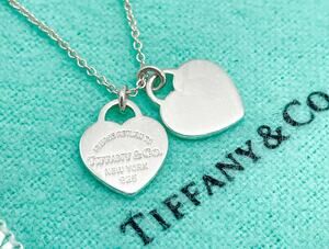 Tiffany & Co. Return Mini Double Heart Pendant Necklace Silver 16" ENGRAVED